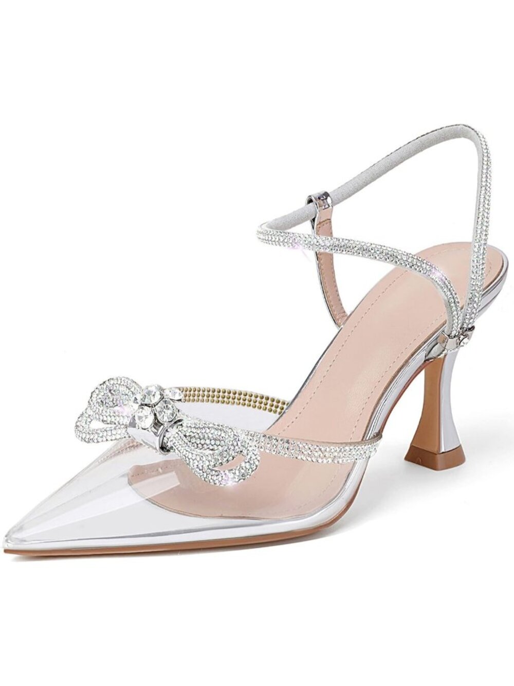 Women's Clear-Bow Satin Rhinestone Pointed Toe Spool Slingback Heel Shoes